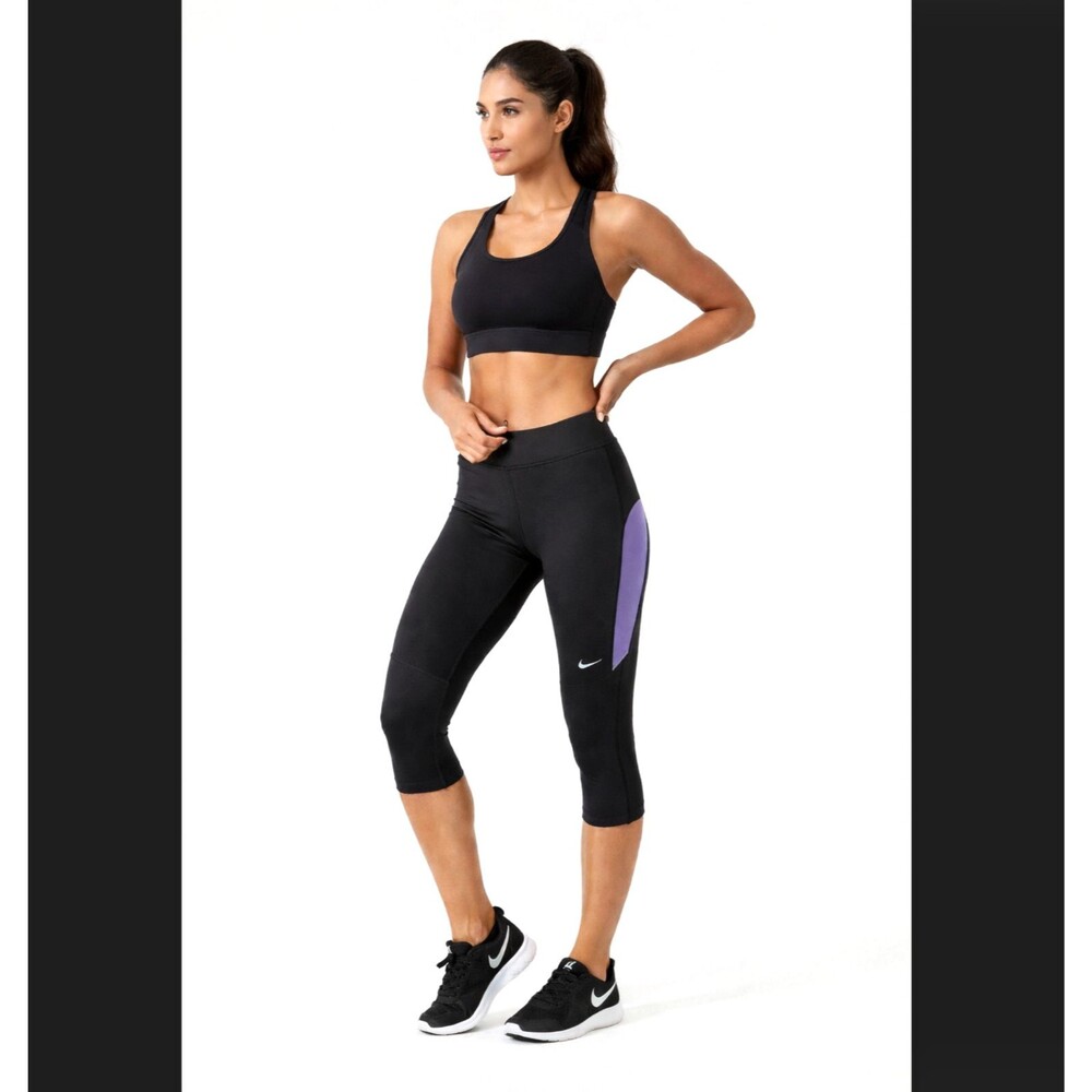 Nike Dri-FIT Crop Leggings Women's XS Black Purple Pocket Running UV NWT Active